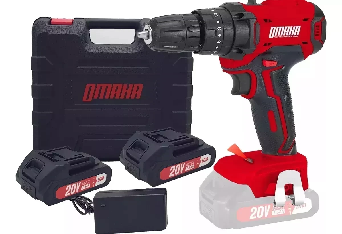 Taladro Atornillador Percutor 20v Omaha Con Bateria Cargador Y Maletin Omaha Rojo