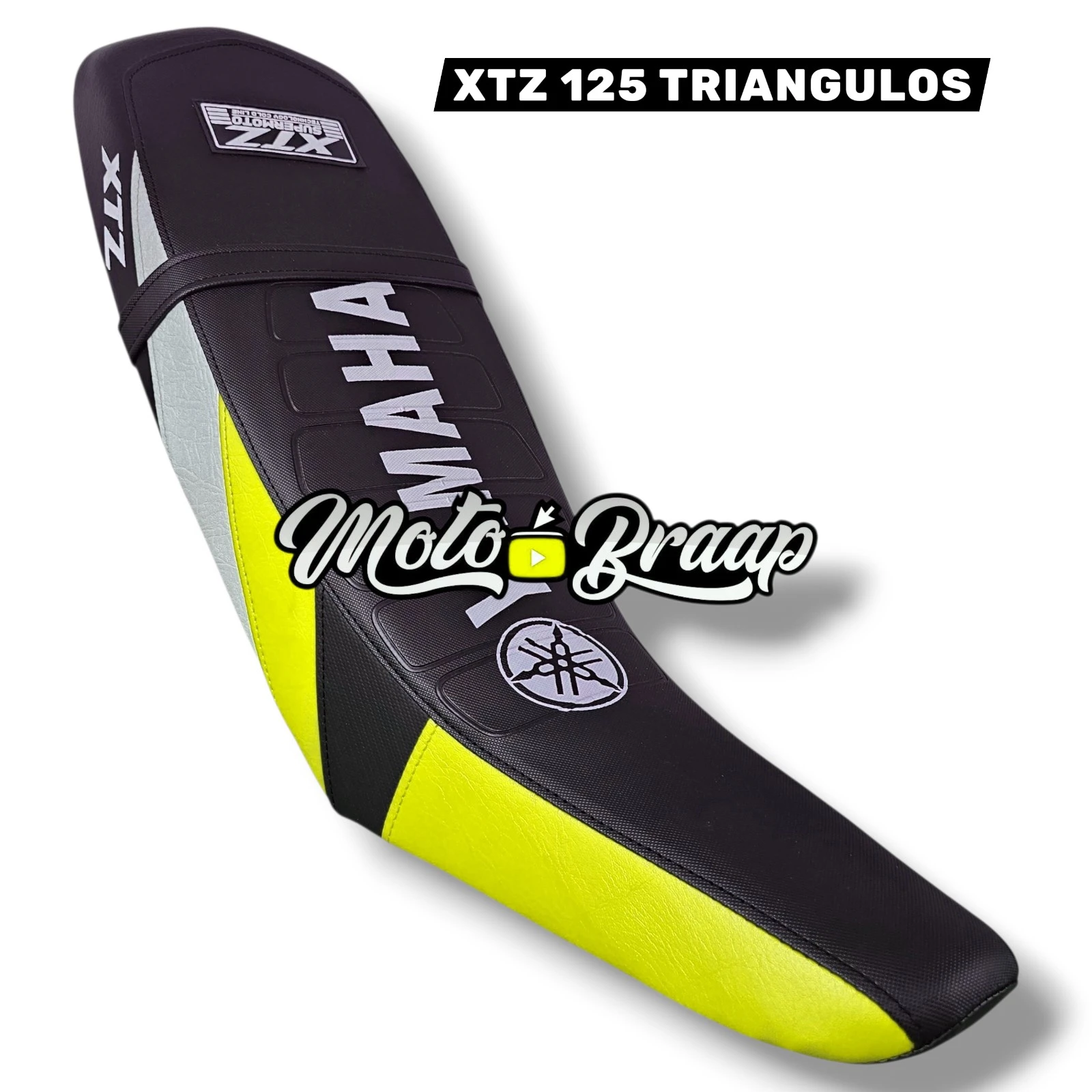 TP XTZ 125 Forro Tapizado triangulos negro / amarillo limon / gris / negro letrero en medio DW