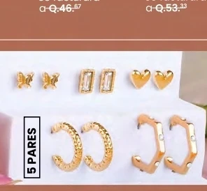 SET DE 5 PARES DE ARETES AURORA BAÑO DORADO