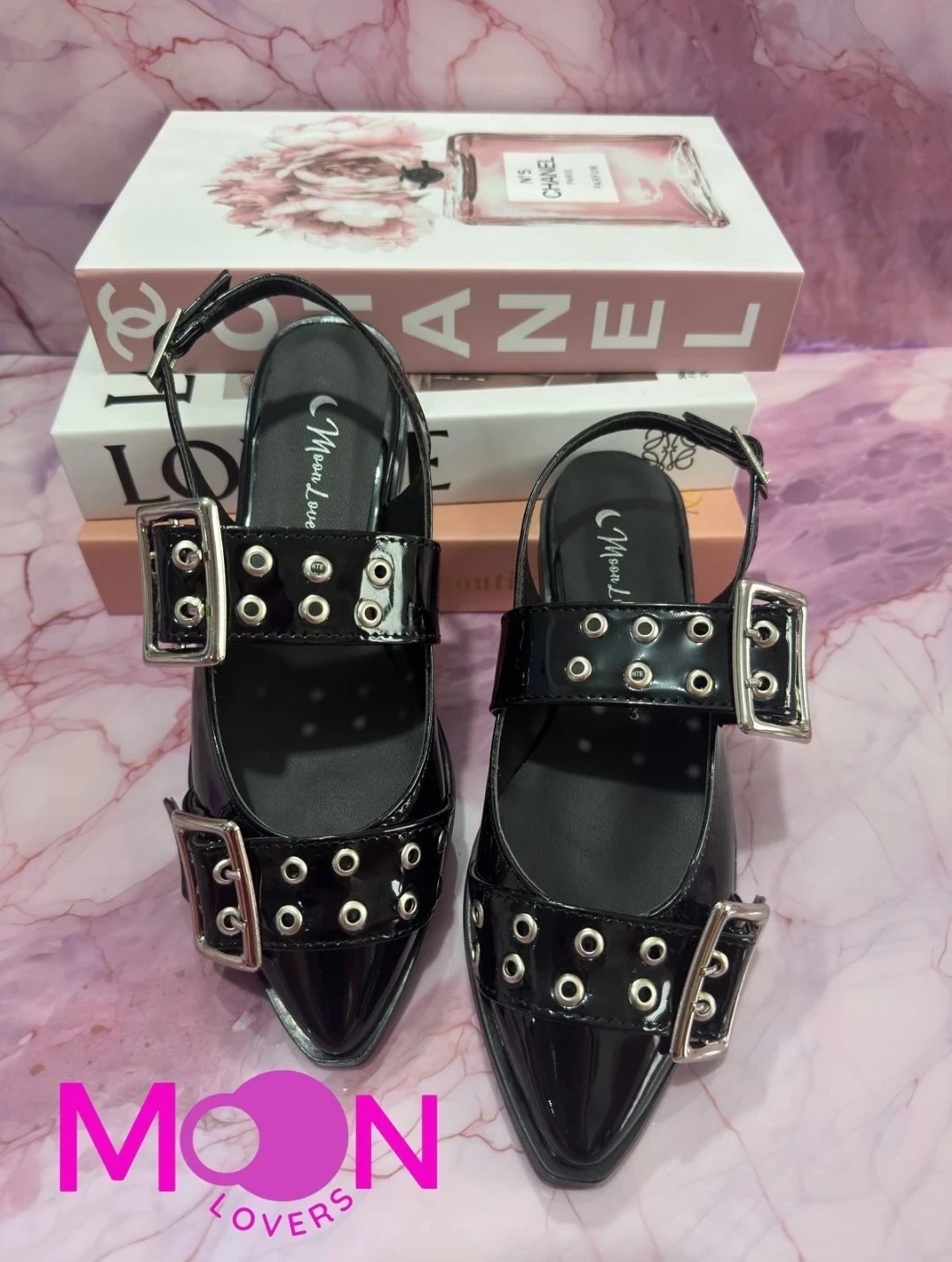 Mod.1014 Zapatilla Flats Doble Hebilla Negro Charol