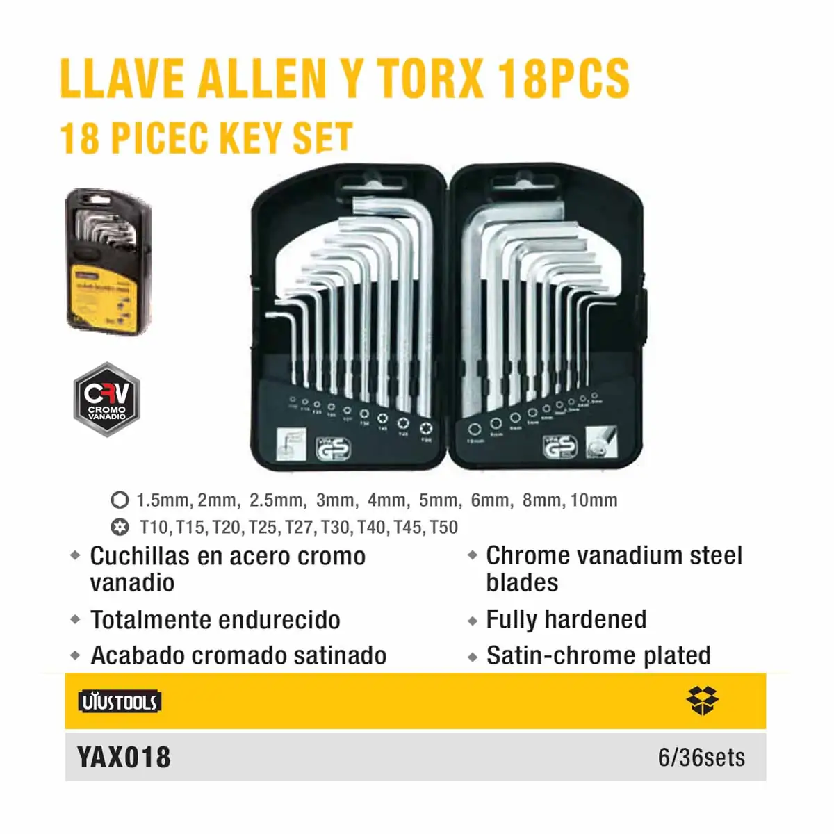 ESTUCHE UYUST LLAVE ALLEN / TORK de 18 pzs