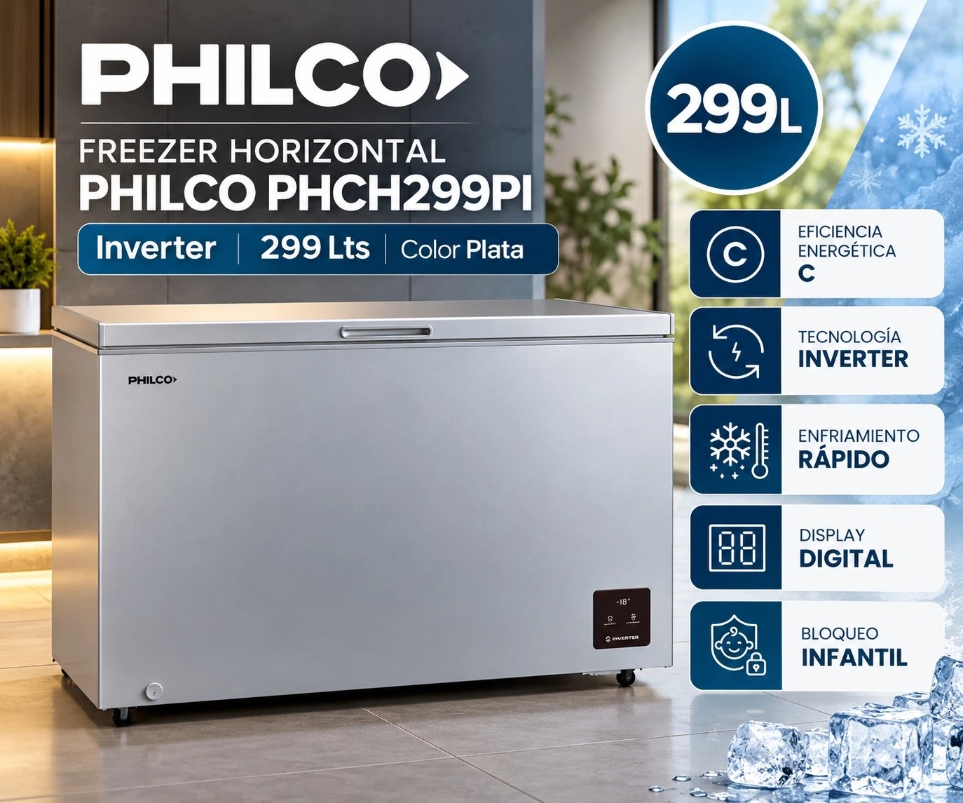 FREEZER HORIZONTAL PHILCO 299LTS SILVER INVERTER