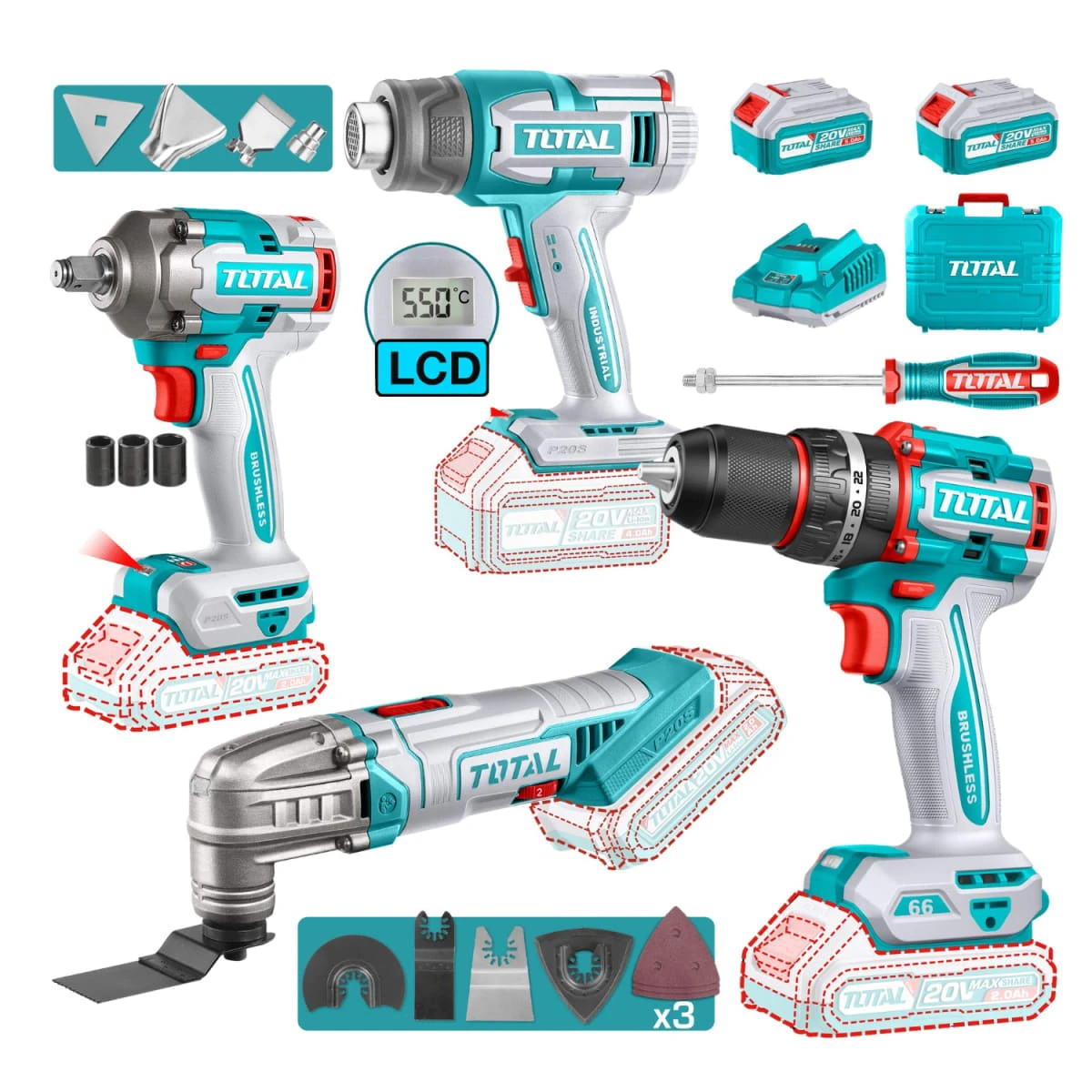 Taladro percutor 66nm + llave de impacto + pistola de calor + herramienta multifunción total 2