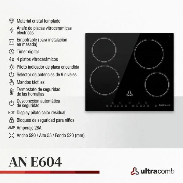 ANAFE ELÉCTRICO ULTRACOMB AN-E604 VITROCERAMICO EMPOTRABLE NEGRO