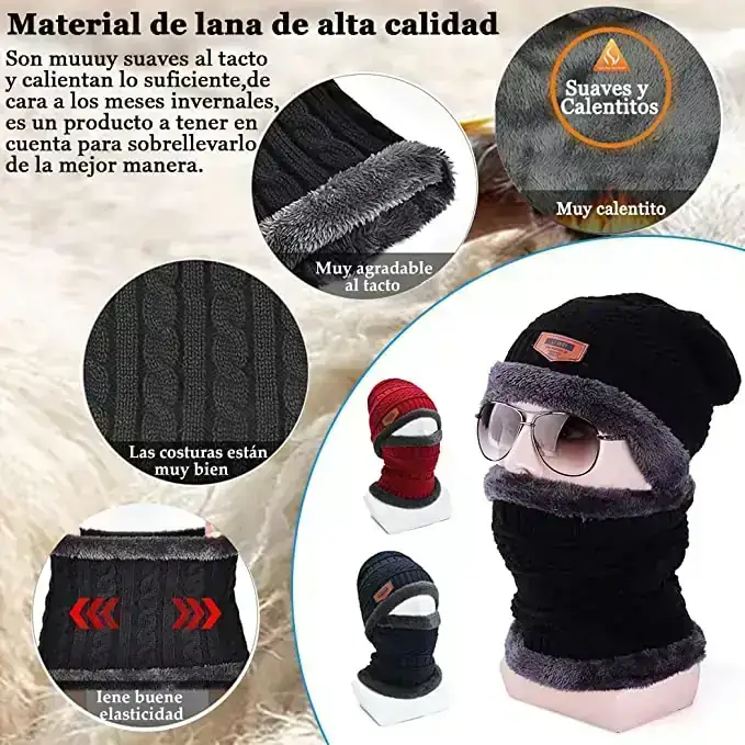 Gorro Invierno Bufanda y Guantes Tactiles,Gorros con Tejido de Punto y Bufandas con Forro de Lana para Hombres y Mujeres,Set de bufanda, Gorro y Guantes para  Esquiar 2