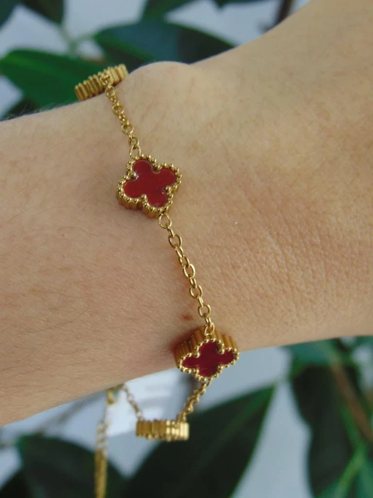 PULSERA ACERO DOR TREBOLES PEQ VINO TINTO