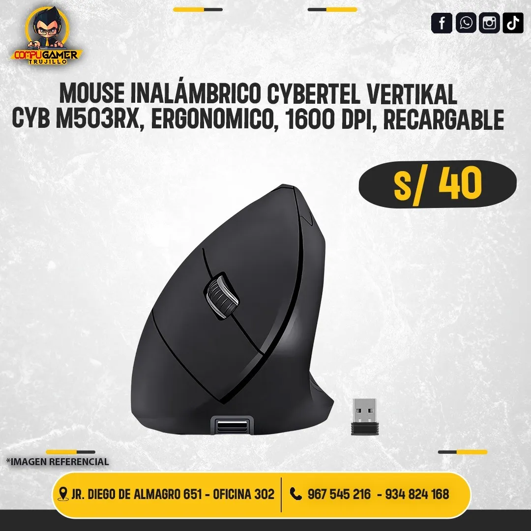 MOUSE INALÁMBRICO CYBERTEL CYB M503RX VERTICAL BLACK