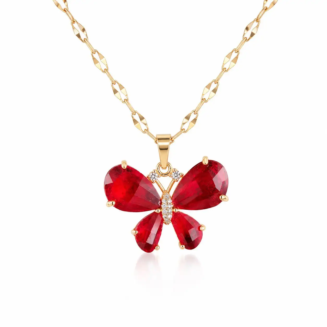 Cadena Y Dije En Acero Con Piedra Circon De Mariposa Roja