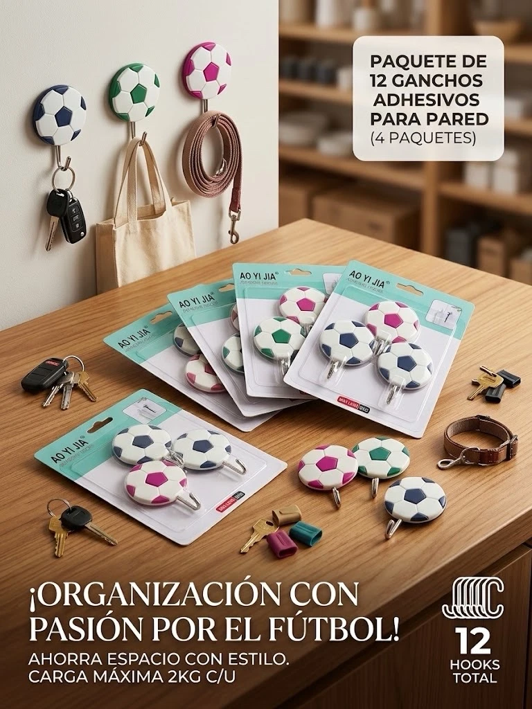  ⚽ Paquete de 12 Ganchos Adhesivos para Pared (Diseño Balón de Fútbol) ⚽
