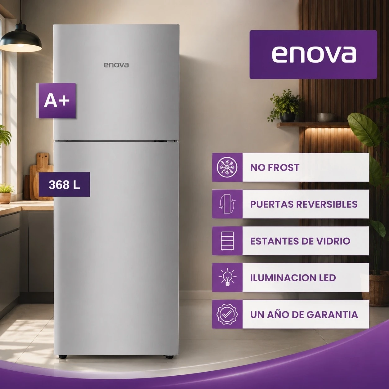 HELADERA ENOVA 368LTS SILVER NO FROST FREEZER SUPERIOR