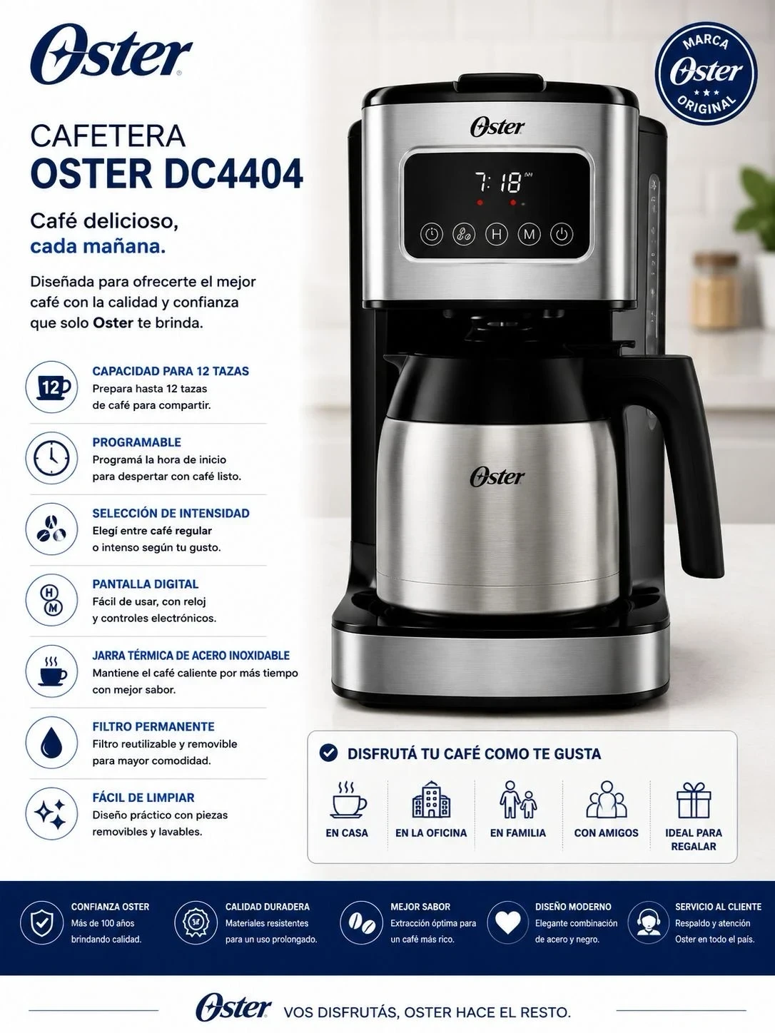 Cafetera Oster Programable Jarra Térmica Pantalla Táctil Color Inox