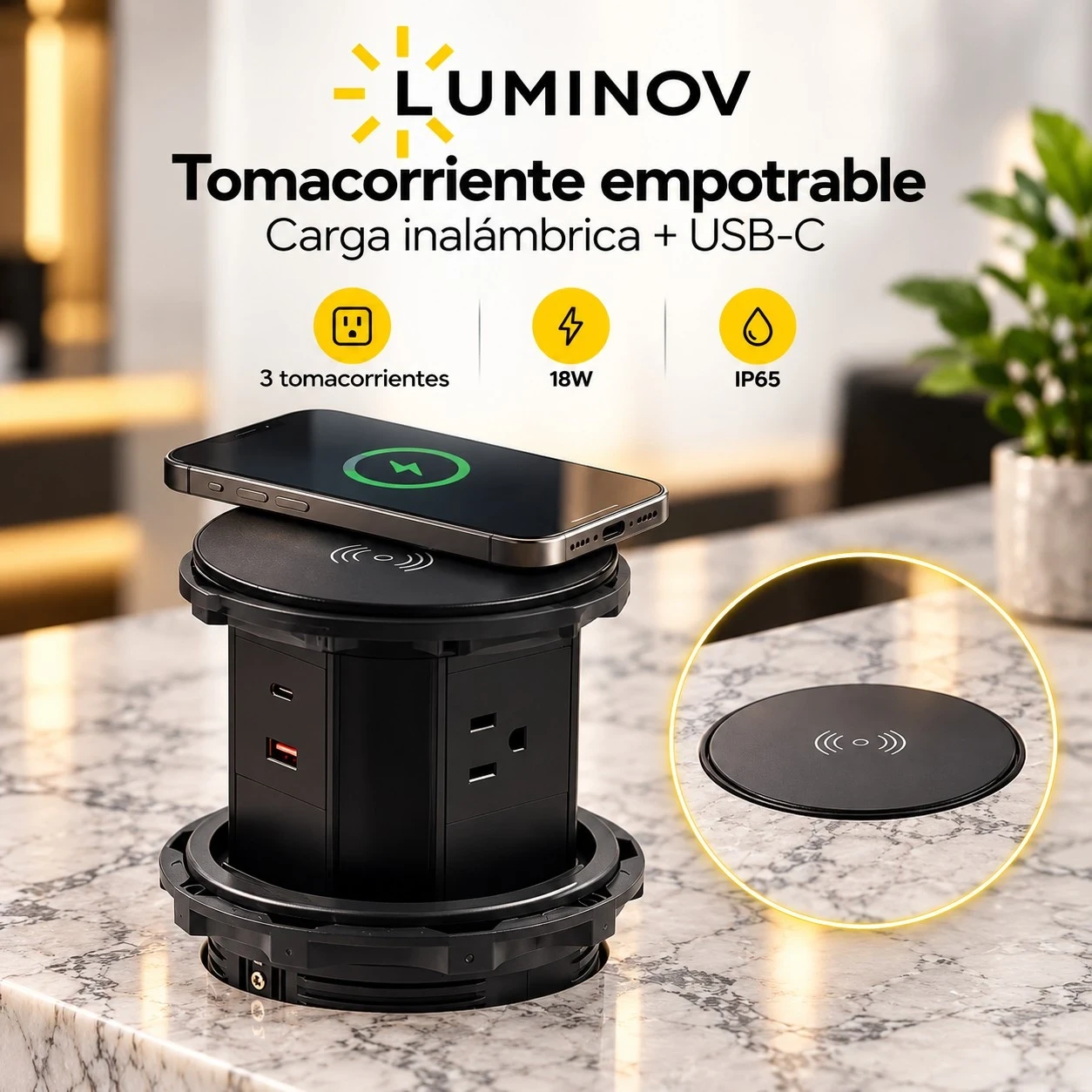 TOMACORRIENTE DE MESA EMPOTRABLE CON CARGA INALÁMBRICA 3 TOMACORRIENTES USB+C (CARGA RAPIDA) INPUT 110-265V AC OUT 18W IP65 CORTE 12CM M:22.5X15CM 6
