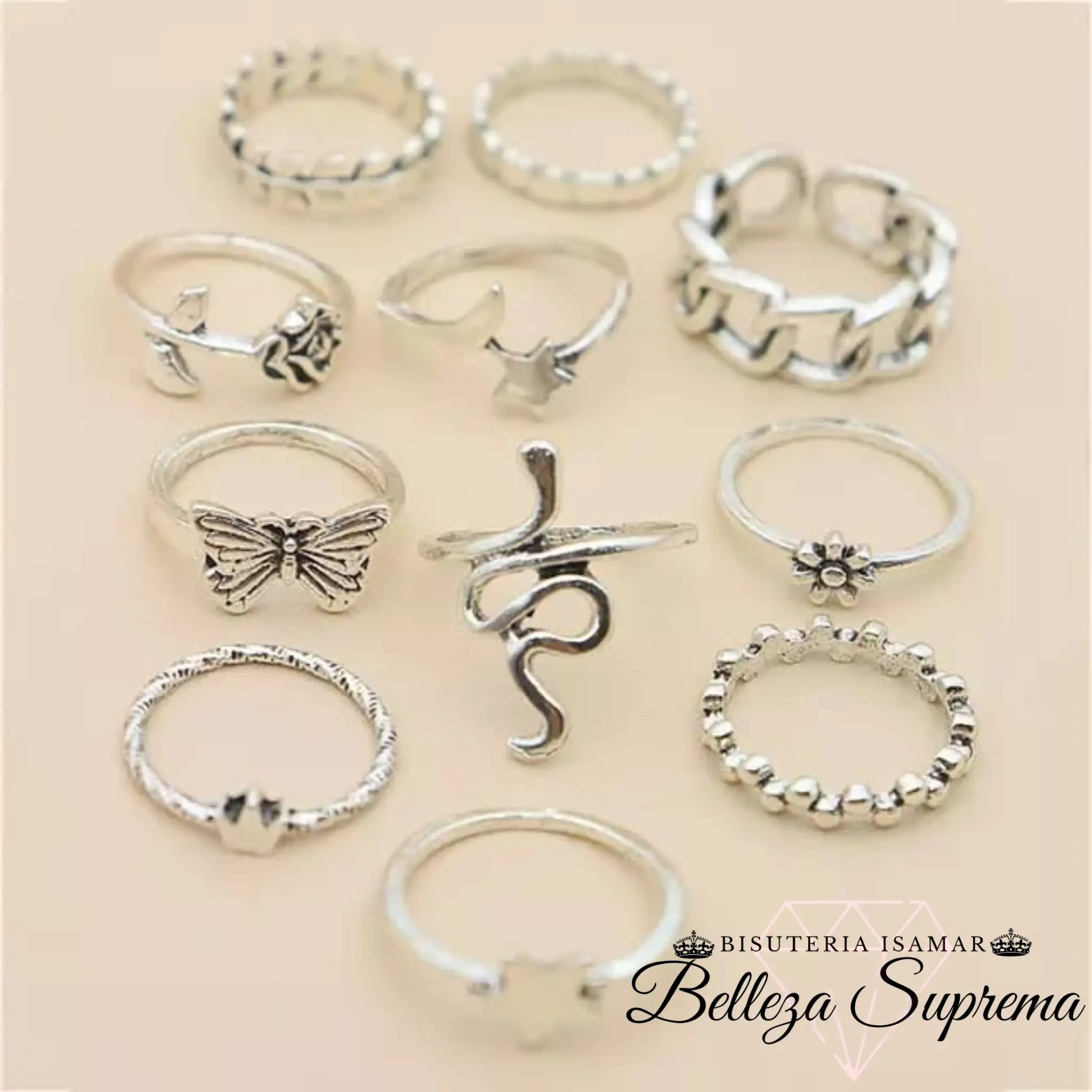 SET DE 11 ANILLOS EN PLATA QUEMADA 2