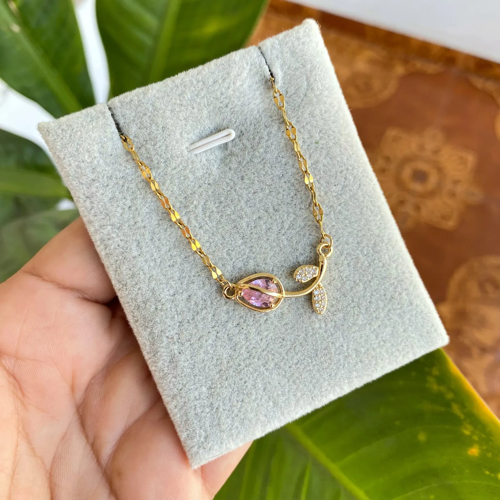 Cadena Y Dije En Acero Con Piedra Circon De Tulipan Rosado 2