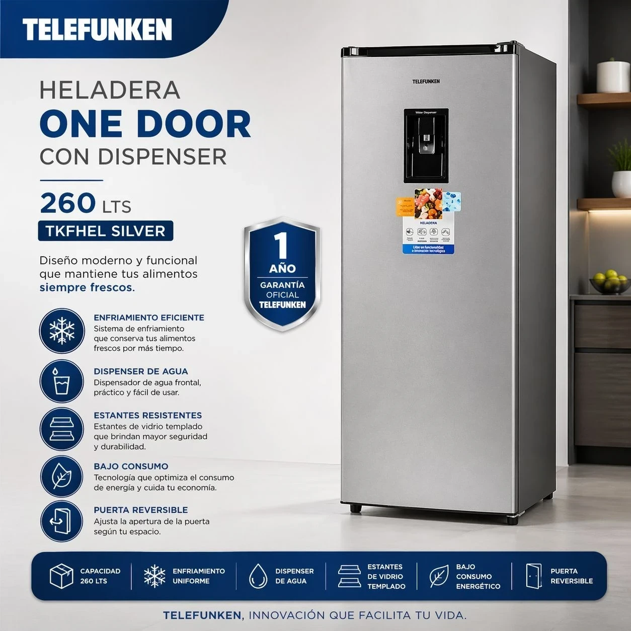 HELADERA TELEFUNKEN 260 LTS ONE DOOR C/DISPENSER