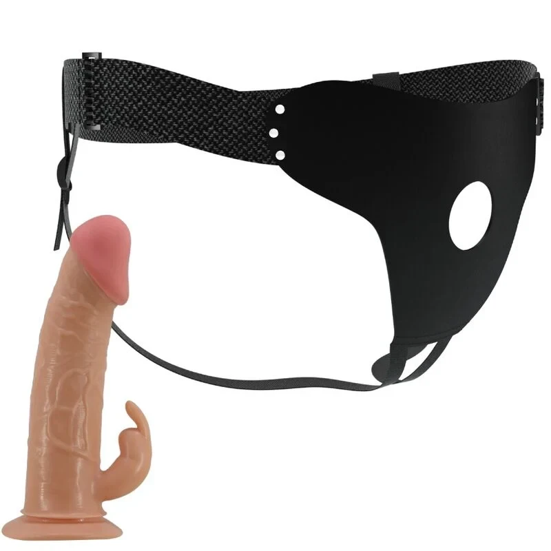 Arnes con dildo de suave textura y conejo estimulador 3