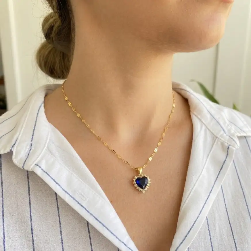 Cadena Y Dije En Acero Con Piedra Circon De Corazon Azul  3