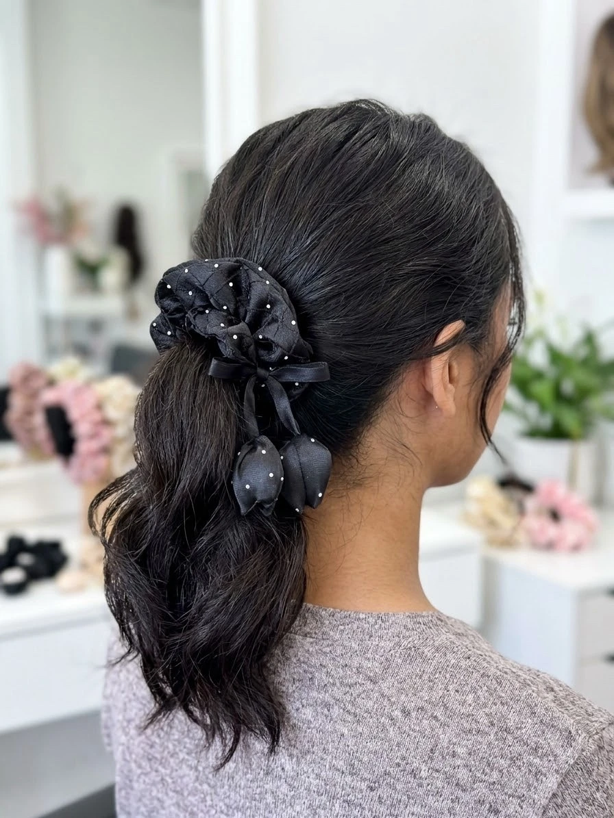 🌸 Set de Docena de Scrunchies Elegantes con Perlas y Moño de Hoja 7