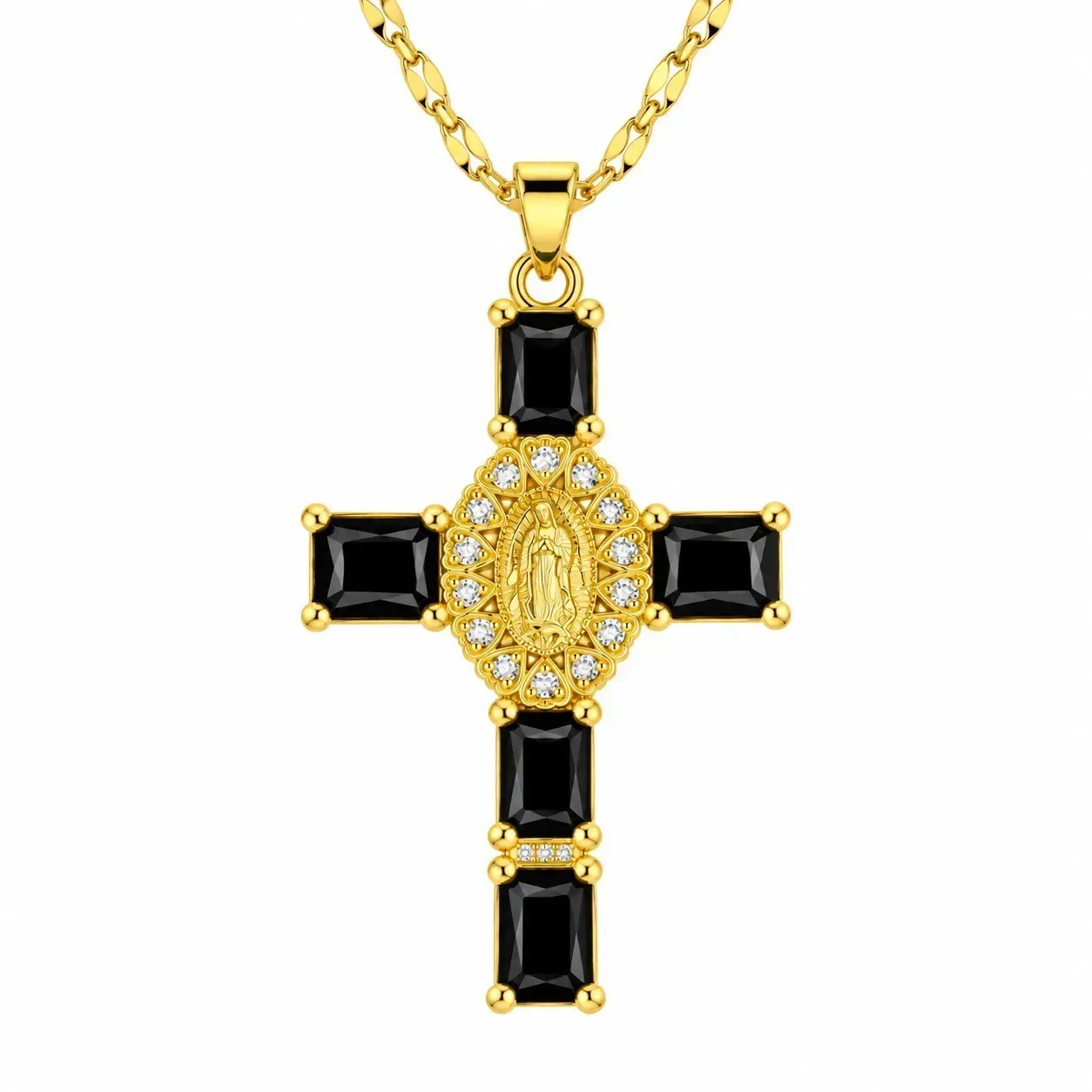 Cadena Y Dije En Acero Con Piedra Circon De Cruz Corazones Virgen De Guadalupe Negra