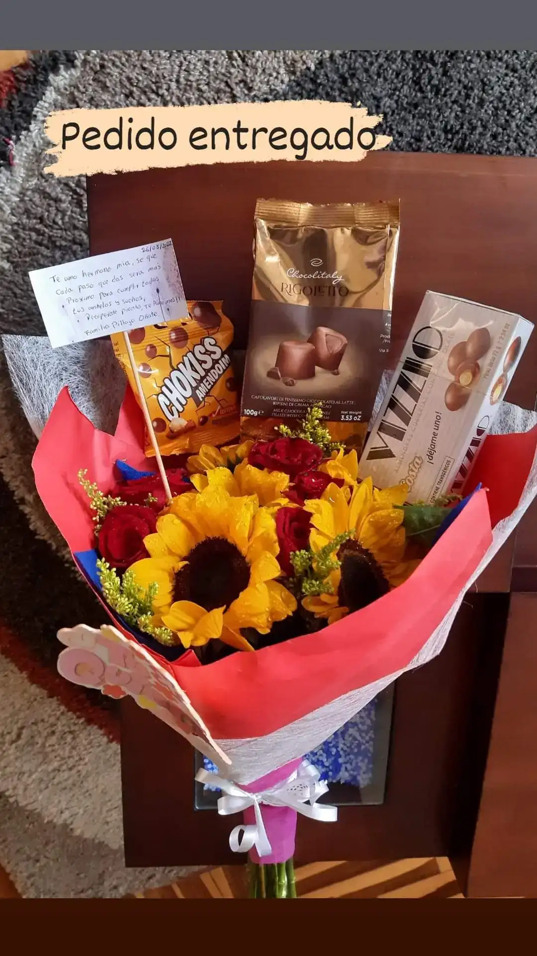 Ramo girasoles rosas y dulces