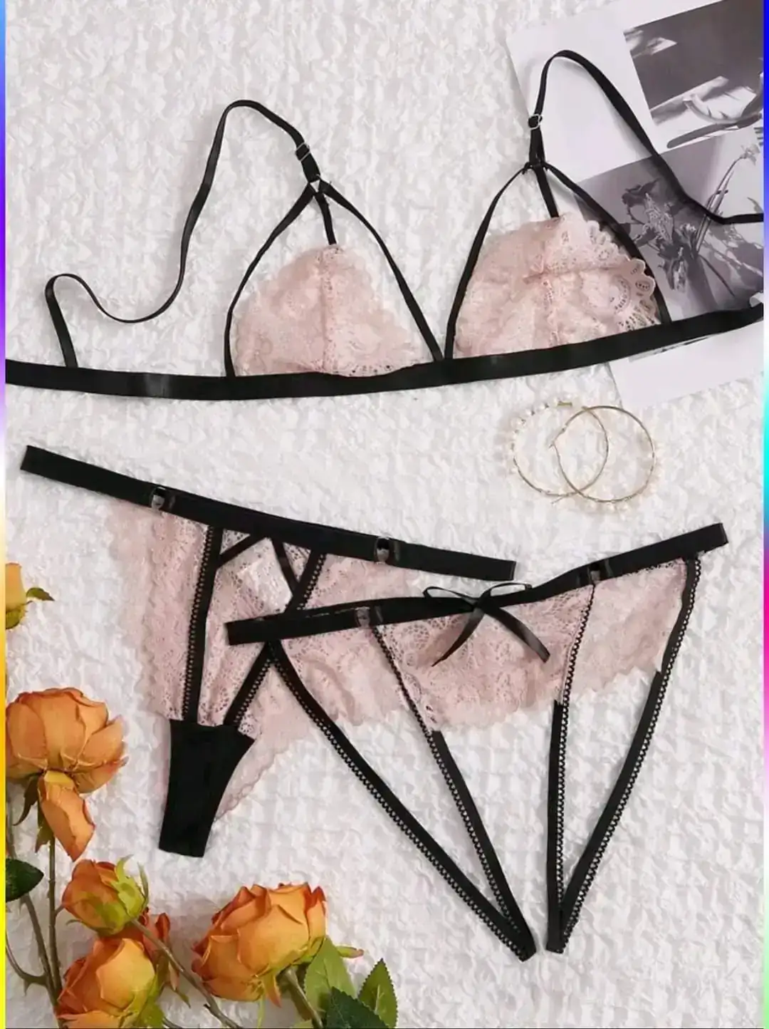 Lenceria de encaje floral transparente.