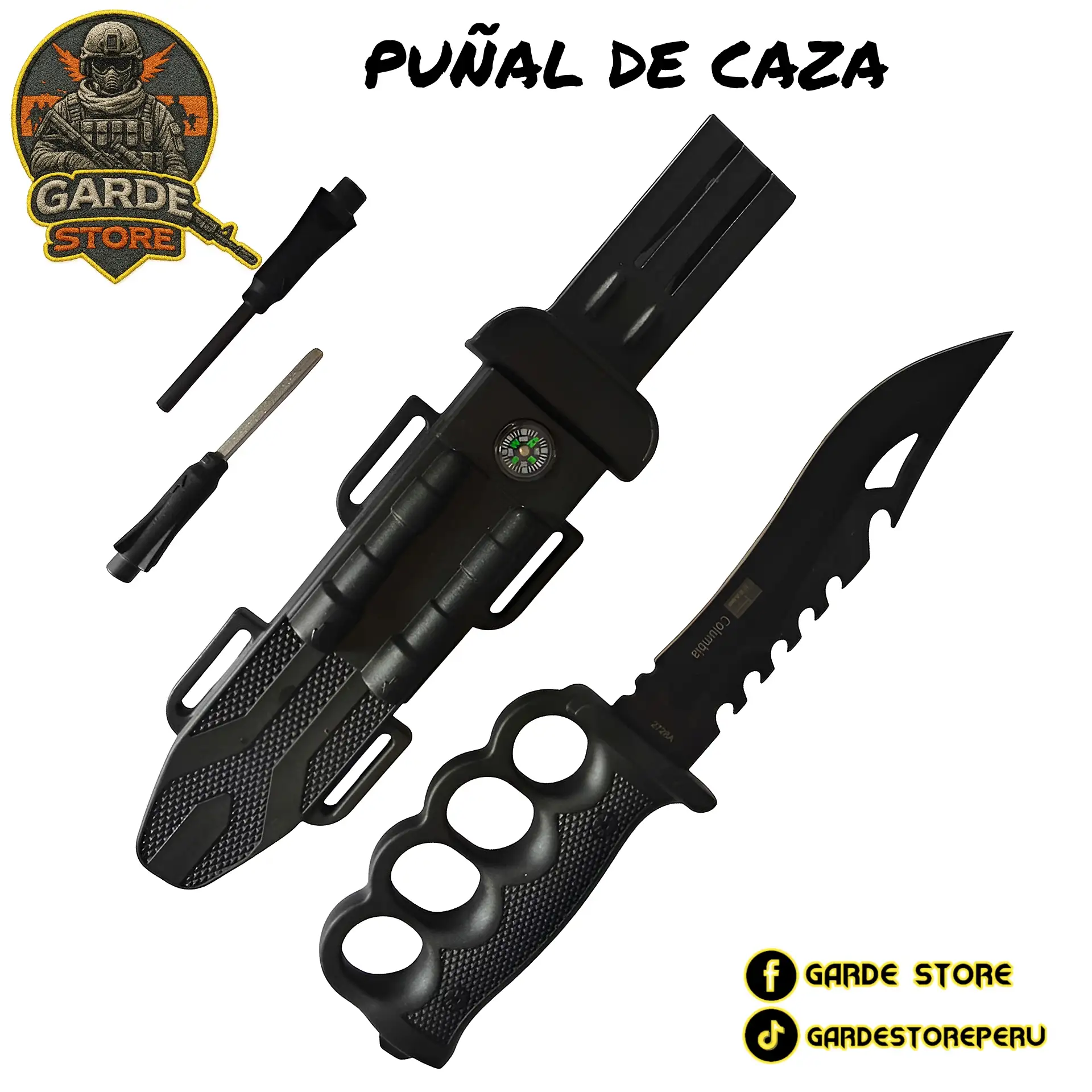 PUÑAL DE CAZA CON FUNDA, PEDERNAL AFILADOR Y SILBATO