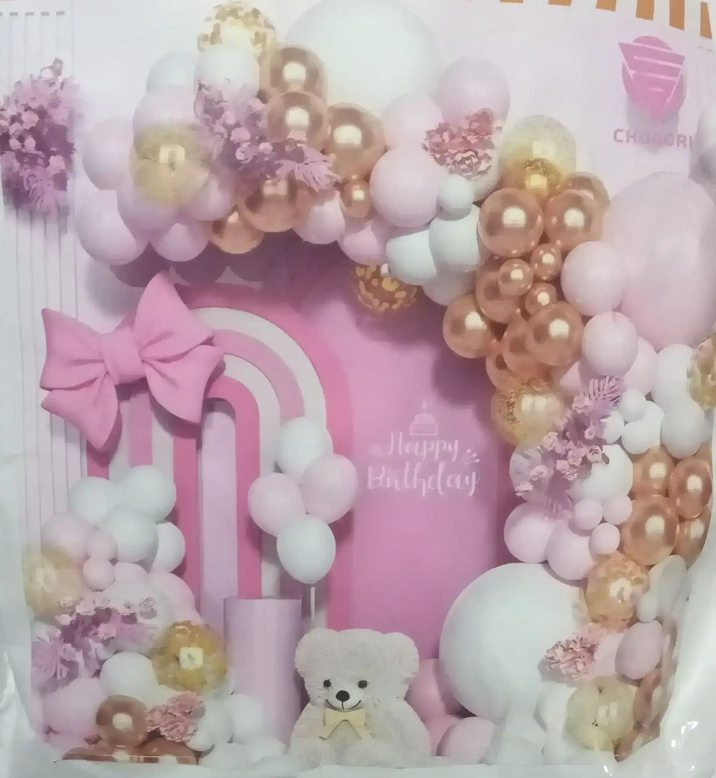 Set guirnalda globos perlados/chrome/confetti rosa c/dorado 135 pcs