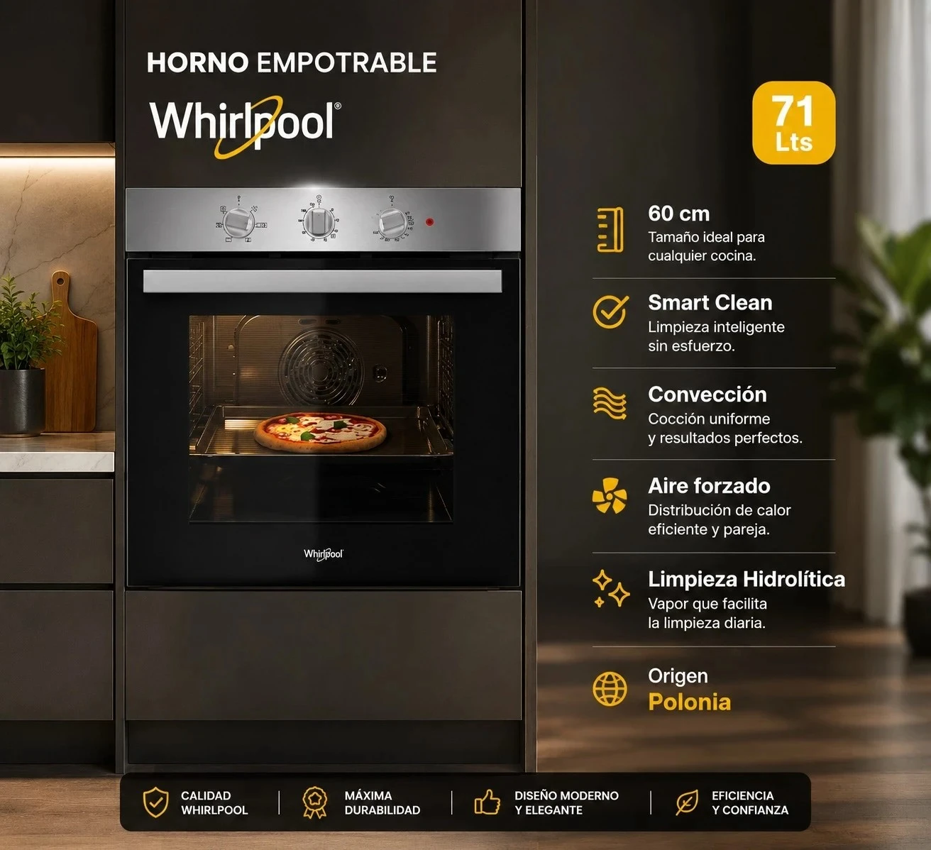 HORNO ELÉCTRICO EMPOTRABLE GRILL WHIRLPOOL WOB71AS 71 Lts INOX SMART CLEAN CONVECCIÓN