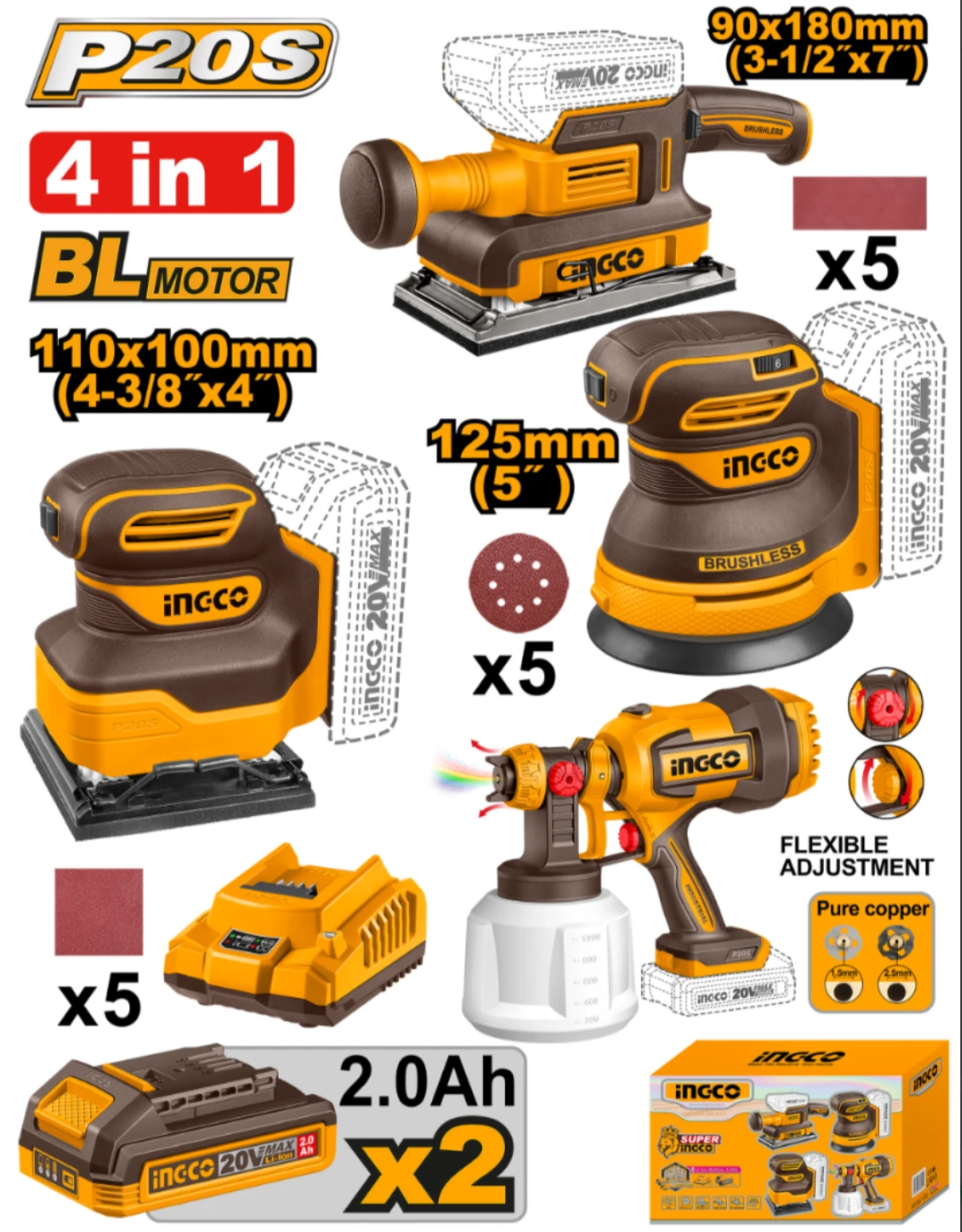 KIT COMBO A BATERIA P20S BRUSHLESS 3 LIJADORAS + 1 PISTOLA DE PINTURA + 2BAT, CARGADOR Y ACCESORIOS INGCO COSLI250383