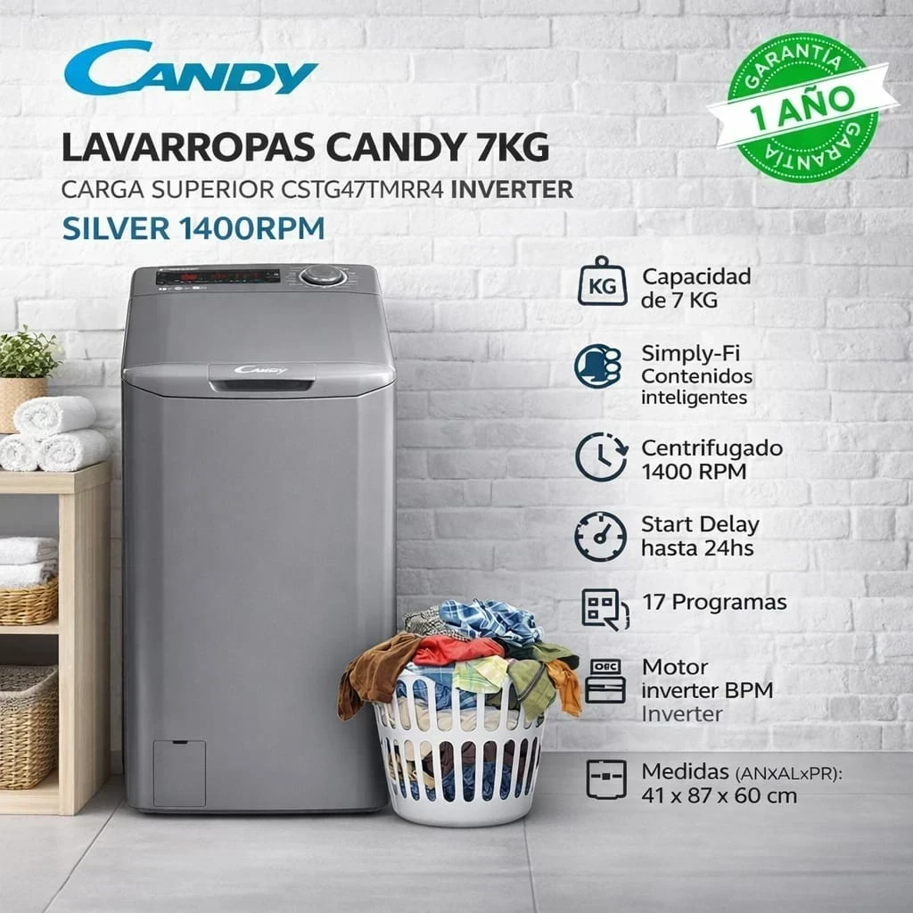 Lavarropa Candy 7kg superior Silver inverter 1400 RPM CSTG 47TMRE/1-S GRAFITO