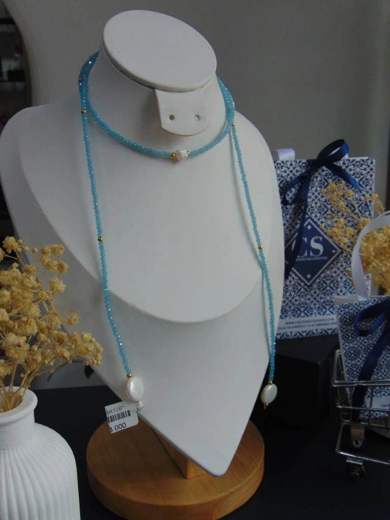 CHOKER ACERO DOR LARGO MURANO AZUL HIELO PERLA