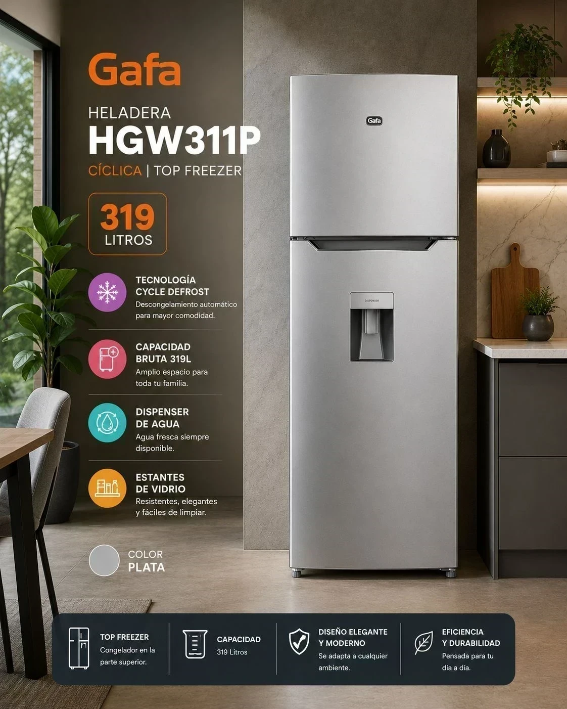 HELADERA GAFA  CÍCLICA TOP FREEZER 319L SILVER CON DISPENSER ‼️SOLO POR PEDIDO‼️