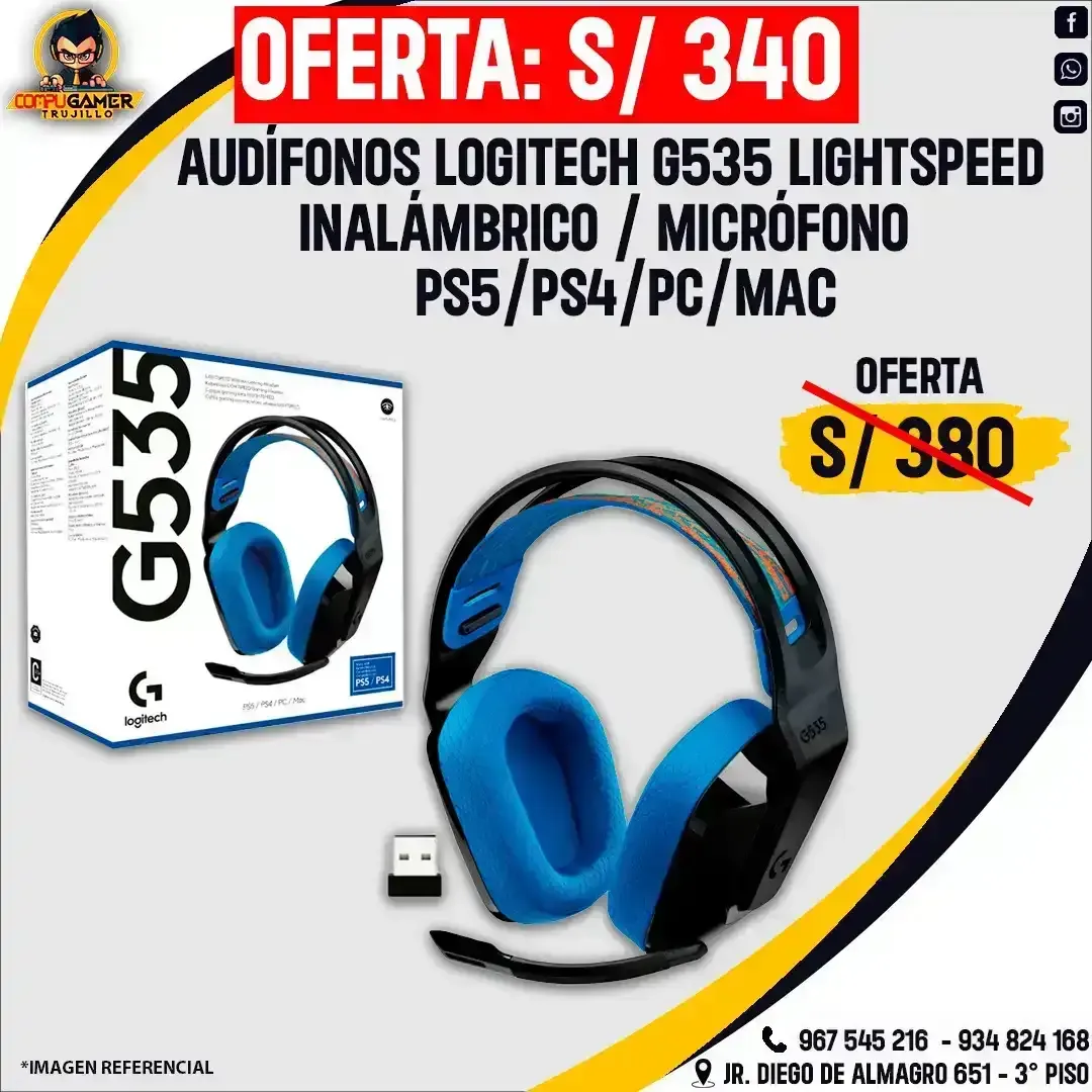 AUDÍFONO INALÁMBRICO LOGITECH G535 LIGHTSPEED BLACK WITH BLUE