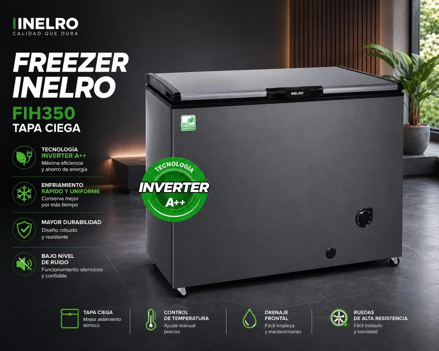 Freezer Inelro FIH350 325 LTS horizontal inverter puerta ciega silver 