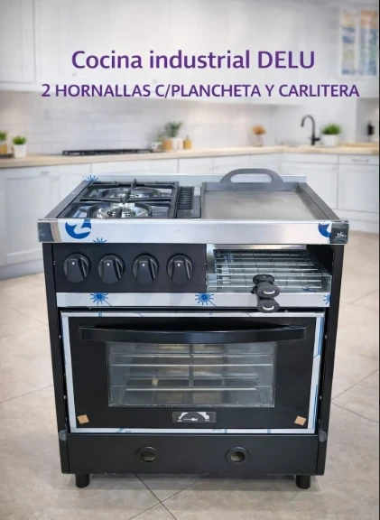 COCINA INDUSTRIAL DELU 2 HORNALLAS, PLANCHETA Y CARLITERA TAPA VIDRIO