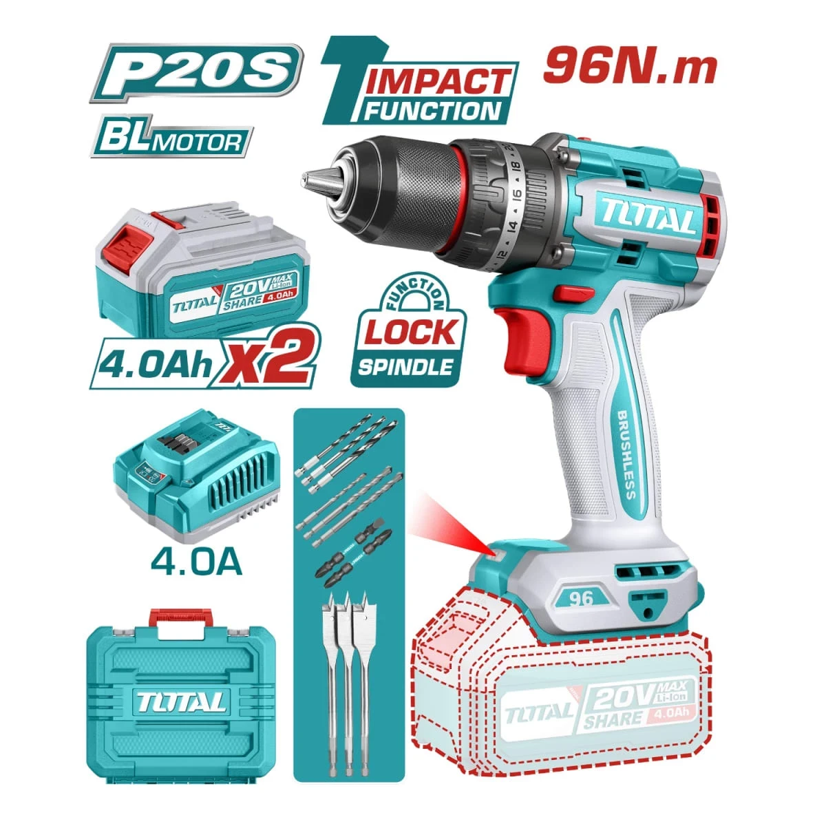 TIDLI20968 Taladro percutor 96nm + 2 baterías 4ah industrial total