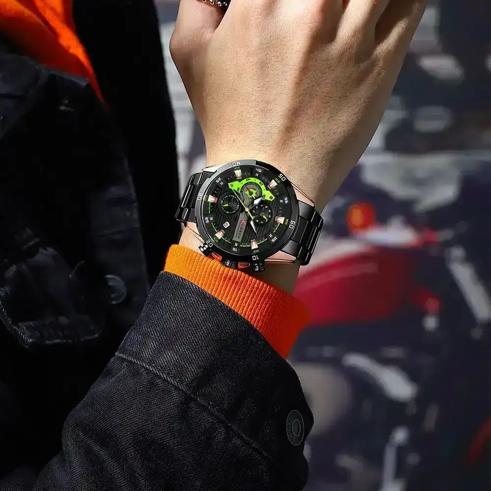 Reloj Curren Original Acero Cronografo 8402 Negro Cobrizo Fondo Negro Detalles Verdes Fluorescente 3