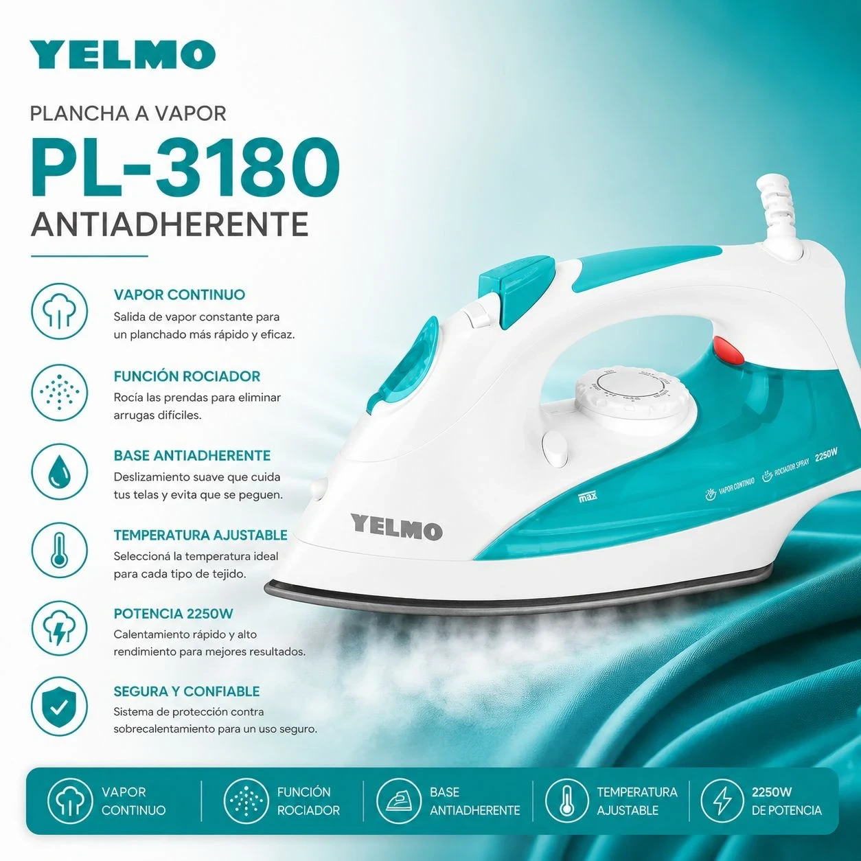 Plancha Vapor Yelmo PL-3180 Antiadherente