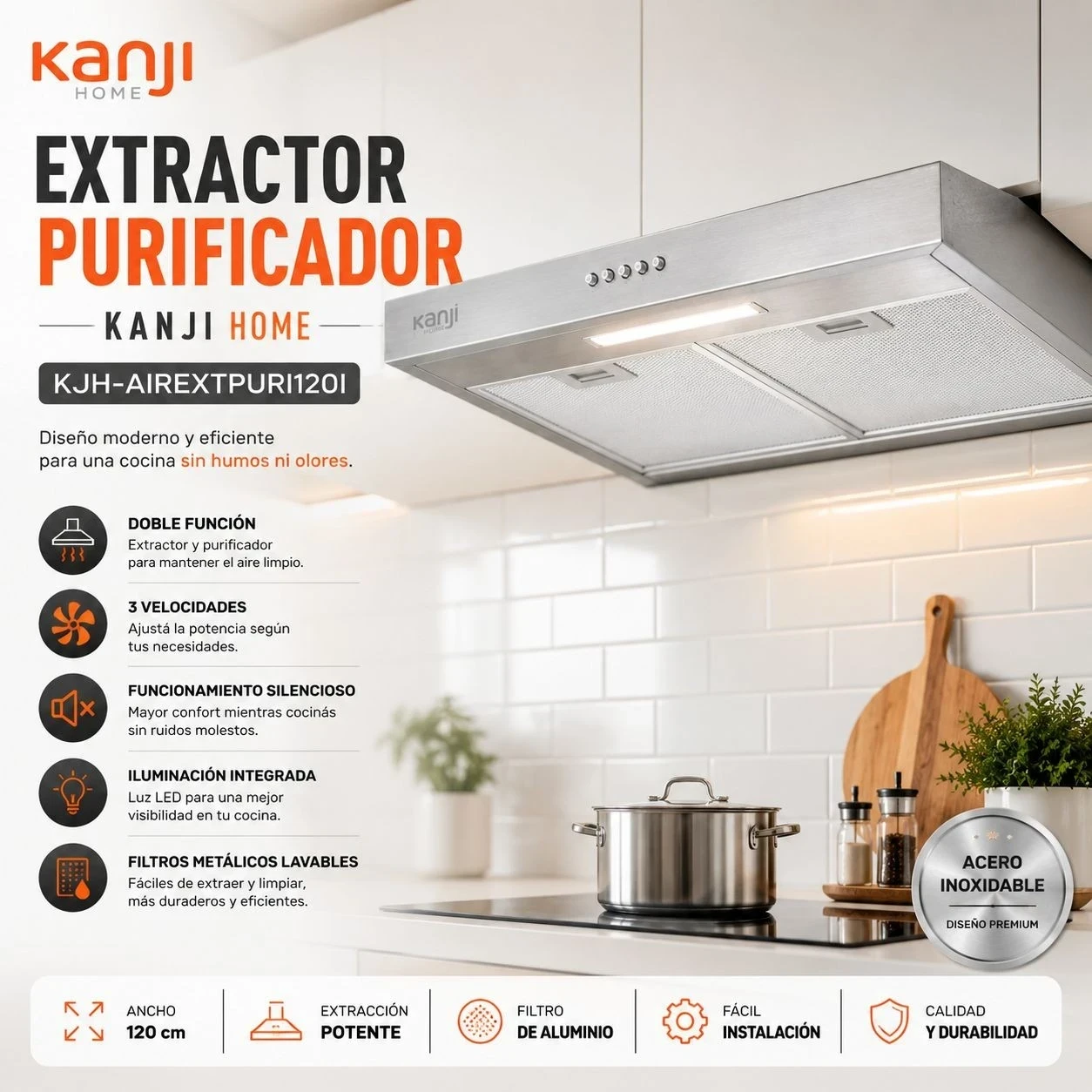 Extractor Purificador Kanji Home KJH-AIREXTPURI120I Acero Inoxidable*