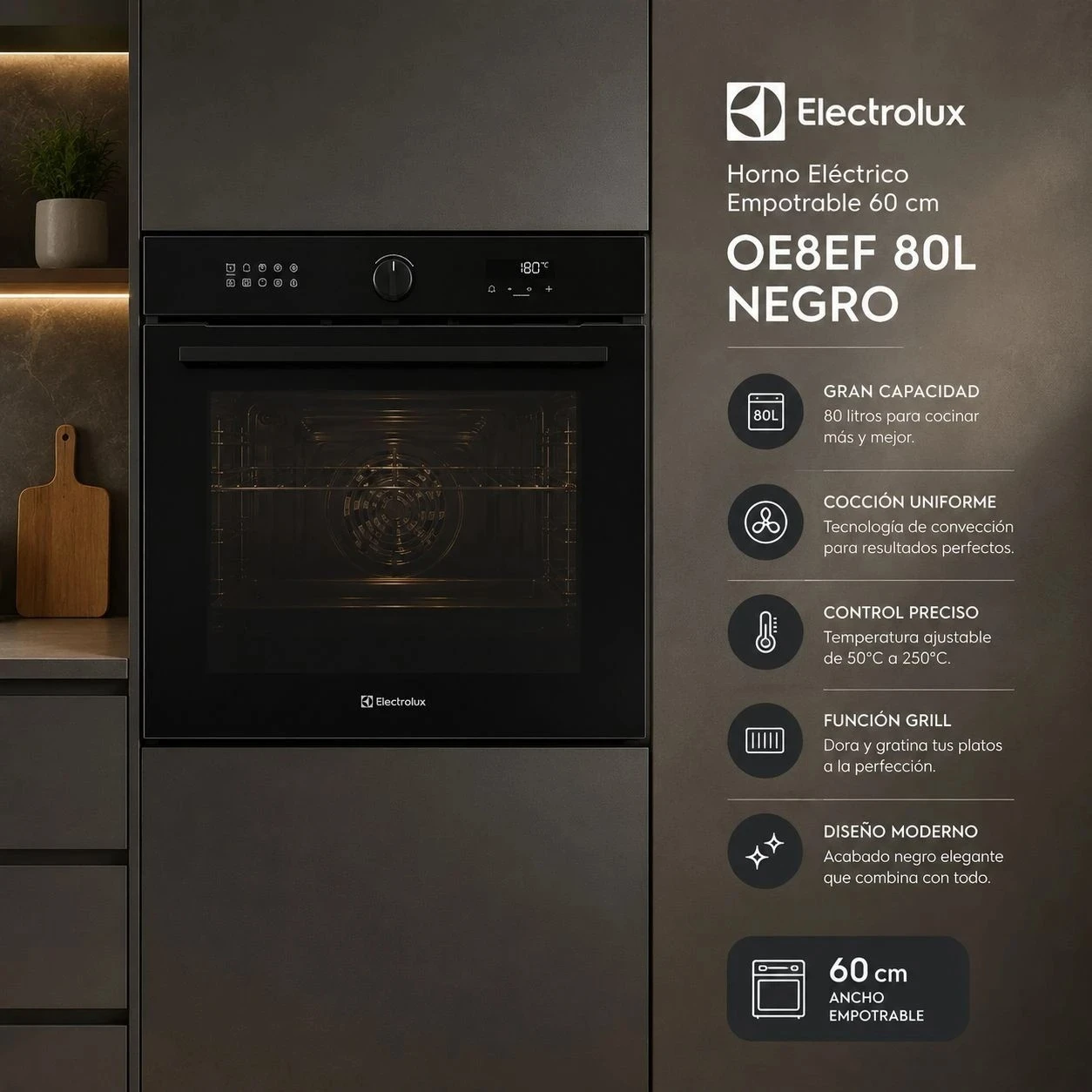  HORNO ELÉCTRICO EMPOTRABLE 60 CM ELECTROLUX OE8EF 80L NEGRO