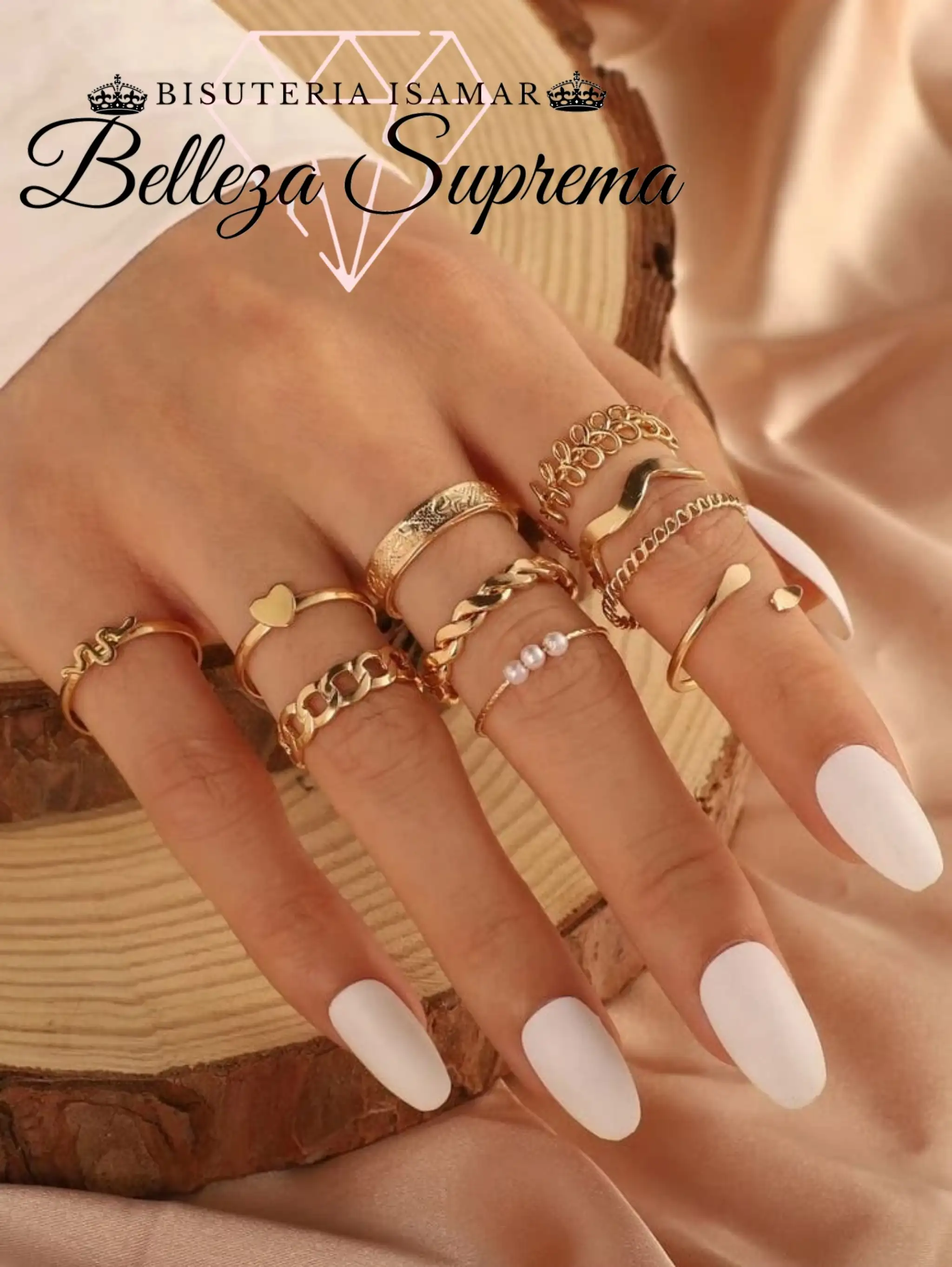 SET DE ANILLOS DORADOS CADENA HOJA PERLAS SERPIENTE 10