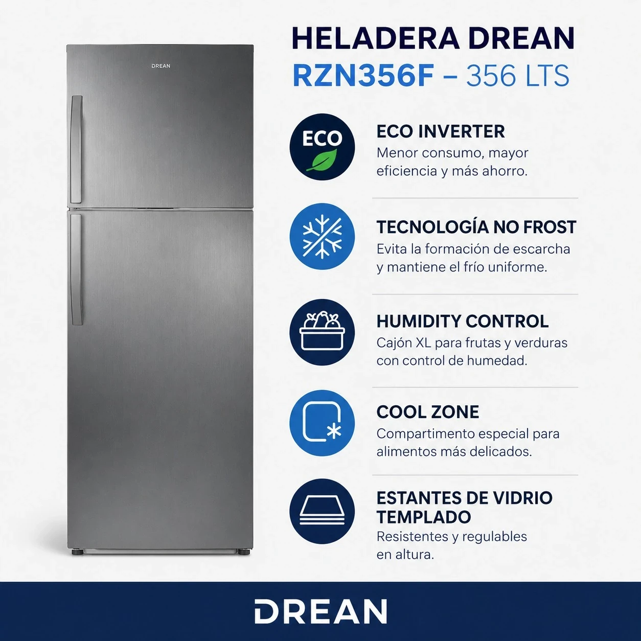 HELADERA DREAN RZN356F 356LTS NO FROST INVERTER SILVER