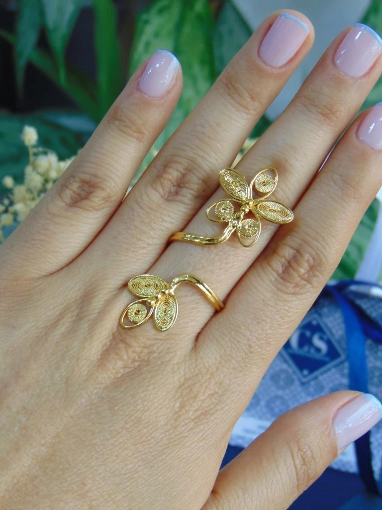 ANILLO BAÑO DE ORO 24K FILIGRANA 2 FLORES LARGO