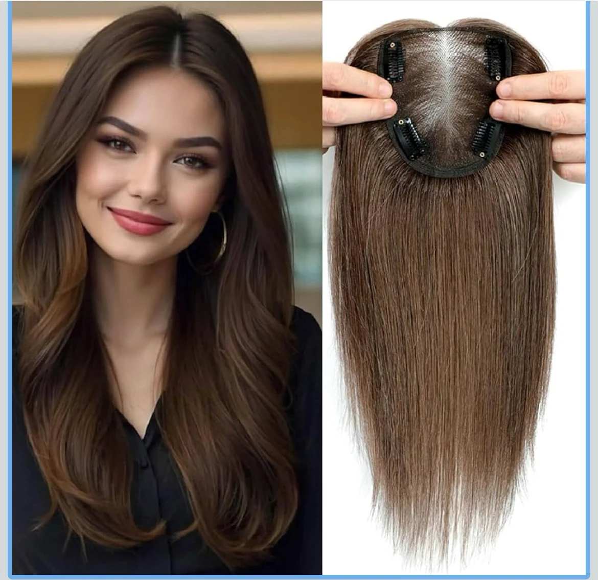 Toppers de cabello humano real para mujer, 4 x 4.8 pulgadas, cubierta de 360°, clip 3D con cabello delgado, 4# castaño medio, 14 pulgadas