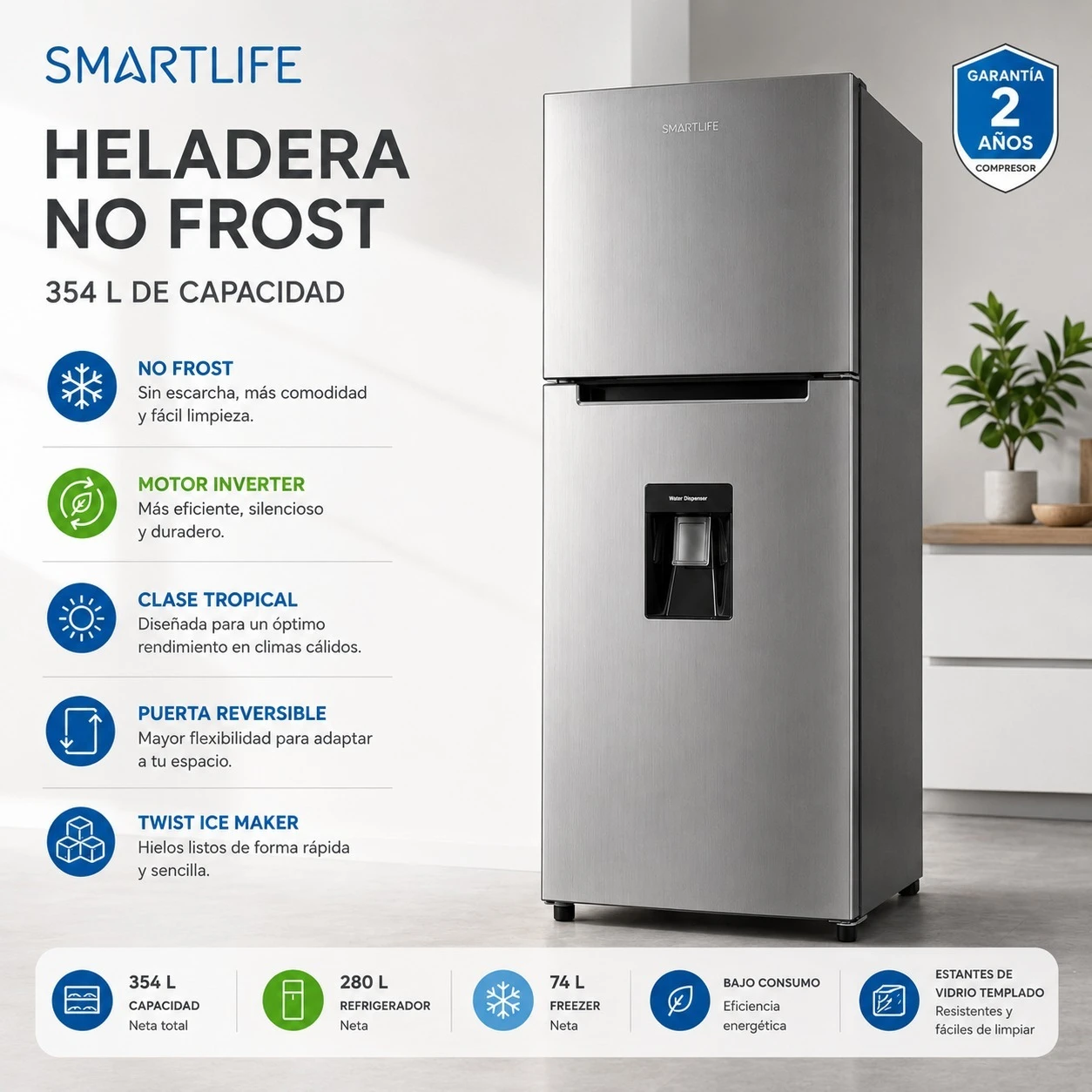 HELADERA SMARTLIFE 354 LTS NO FROST INVERTER