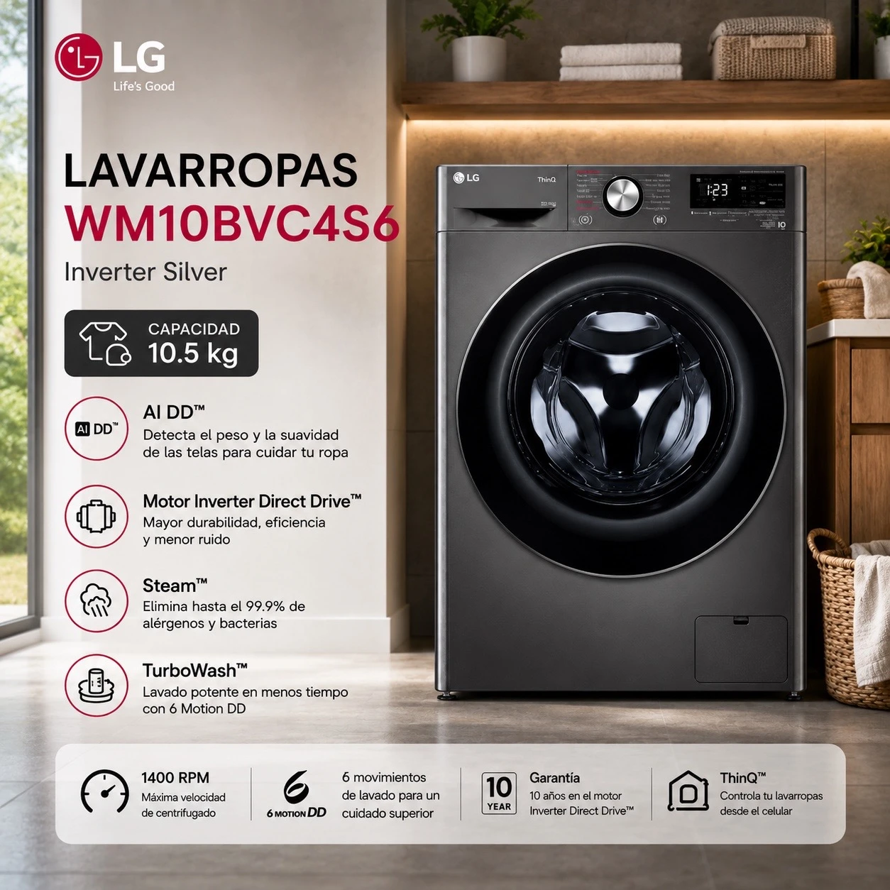 LAVARROPAS LG 10.5KG CARGA FRONTAL DARK INVERTER
