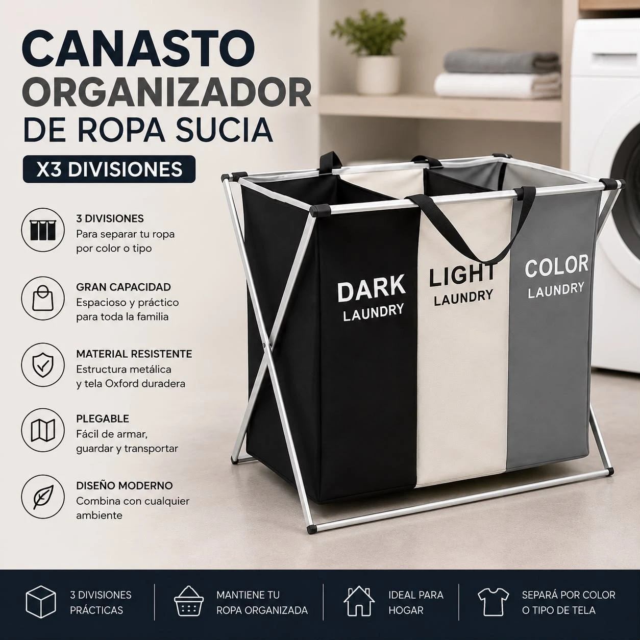 CANASTO DE ROPA SUCIA X3 DIVISIONES