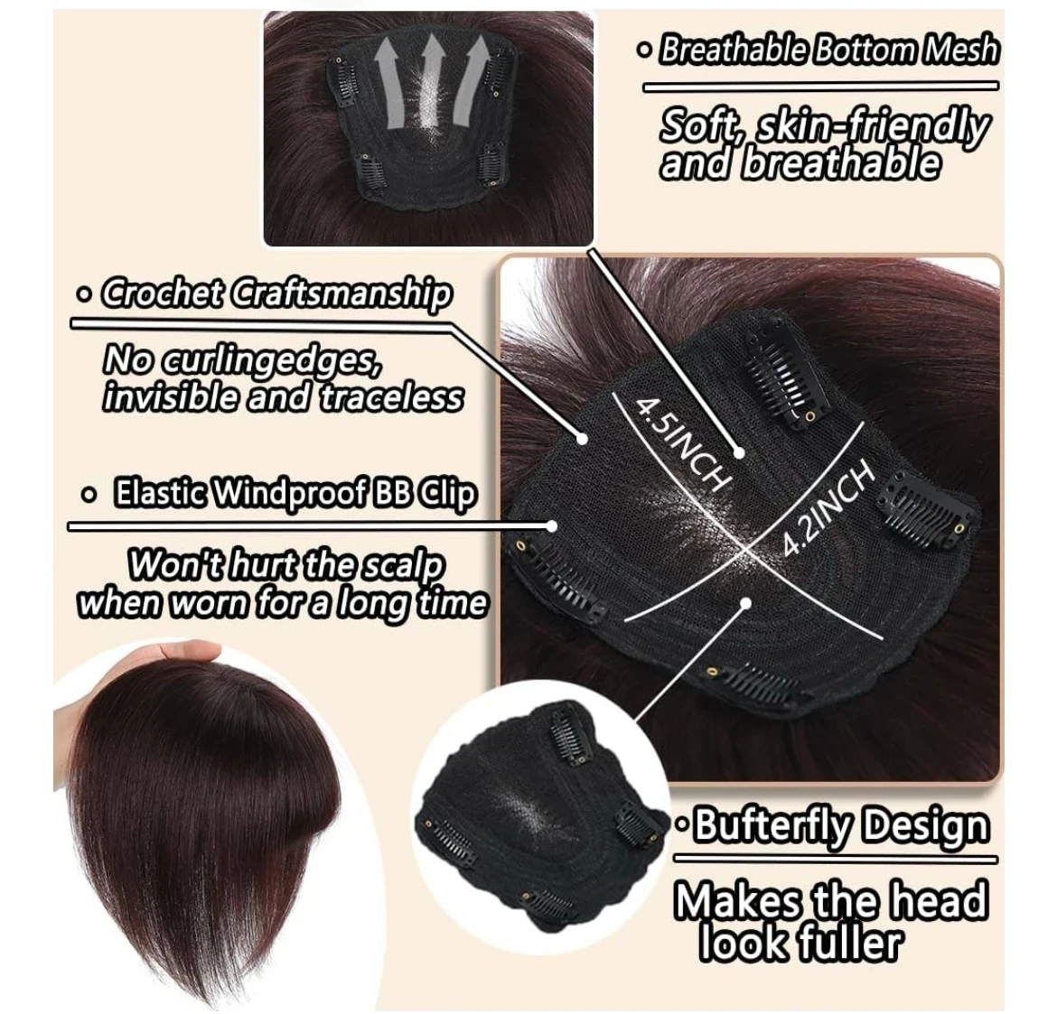Toppers para el cabello para mujer, cabello humano real 360° 3D para mujer con flequillo delgado con clip de gran cobertura, extensiones de pelo de 12 pulgadas (marrón rojizo, flequillo 3D 2