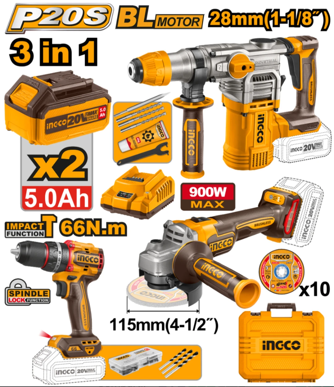 KIT COMBO A BATERIA P20S 20V C/TALADRO ATORNILLADOR C/PERCUTOR + AMOLADORA + ROTOMARTILLO C/2 BATERIAS, CARGADOR, ACCES