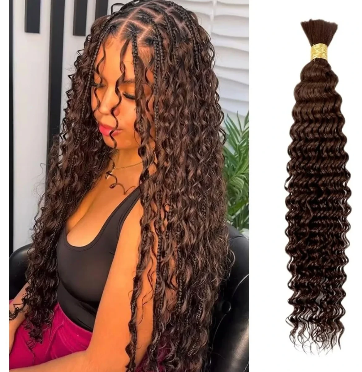 18 pulgadas, cabello trenzado de color marrón chocolate profundo ondulado a granel de cabello humano para trenzar, extensiones de cabello humano virgen brasileño rizado